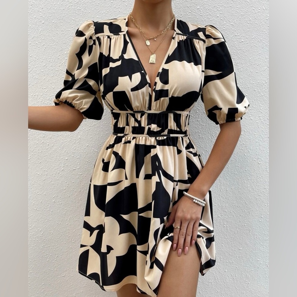 SHEIN prive geo print puff sleeve dress